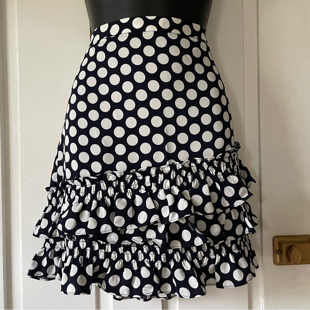 J CREW Navy Blue and White Polka Dots and Ruffled Bottom Skirt